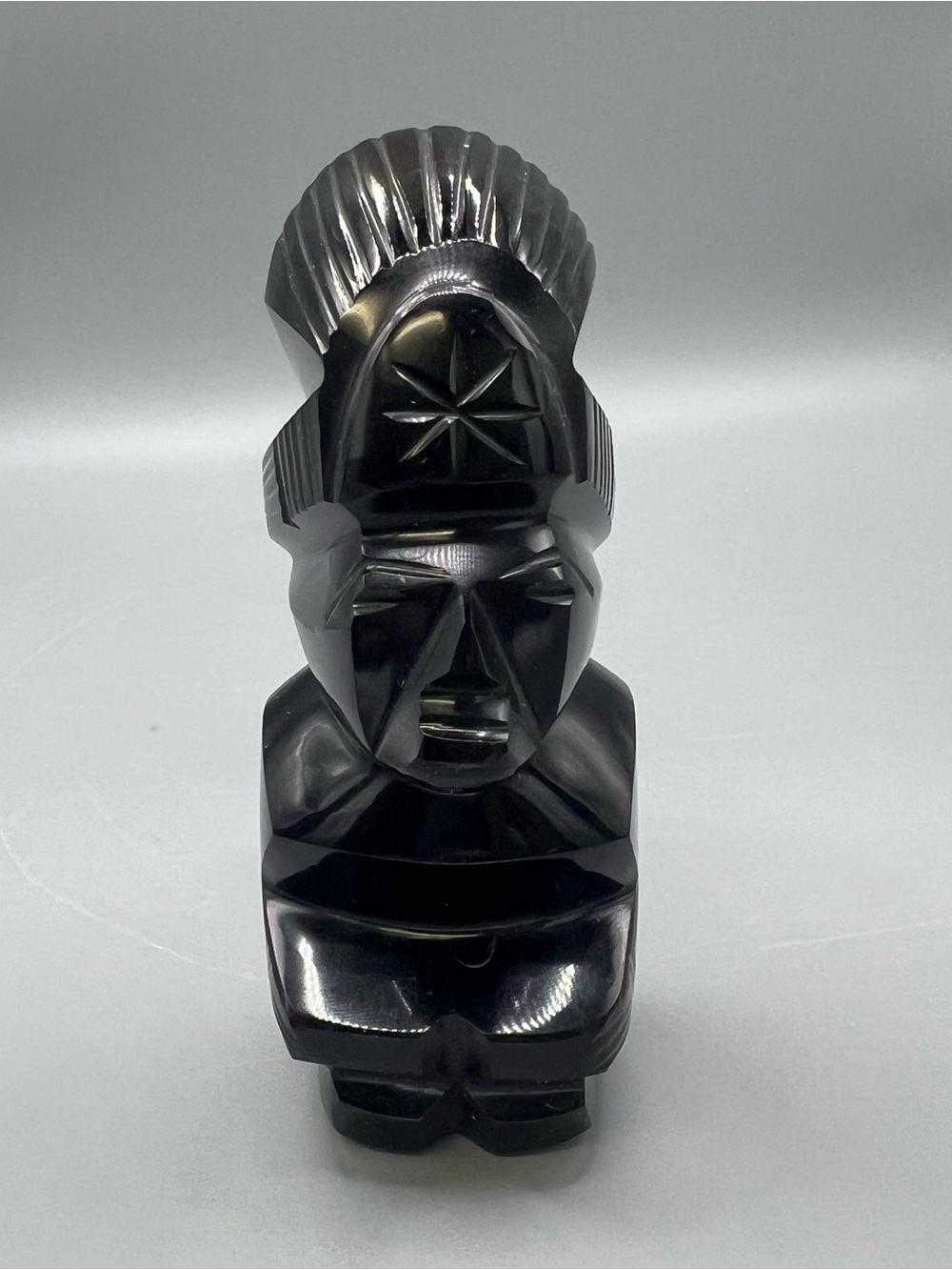 Vintage Black Obsidian Gold Sheen Hand Carved Aztec Mayan Figurine 4.25" Tall